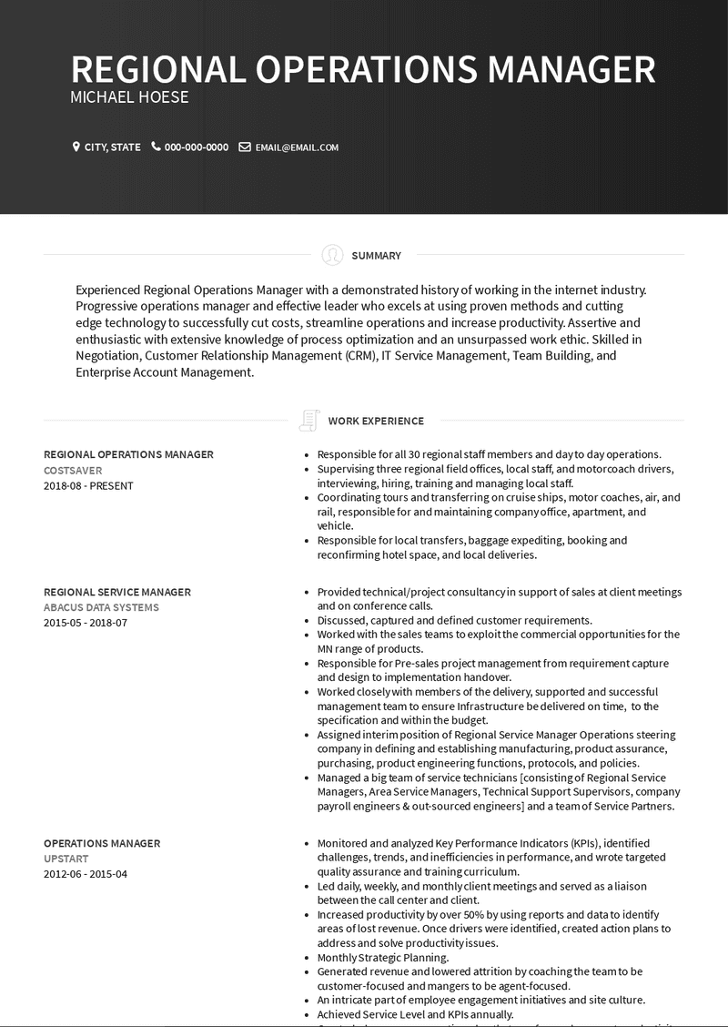Regional Operations Manager Resume Sample and Template