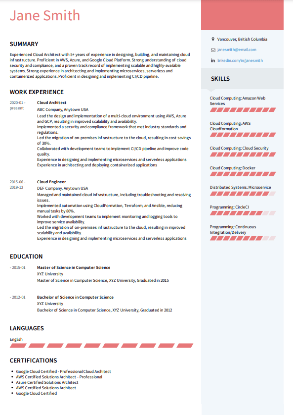 experienced cloud services developer resume
