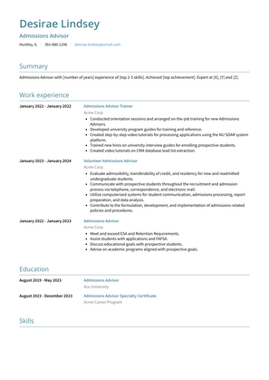 Admissions Advisor Resume Sample and Template