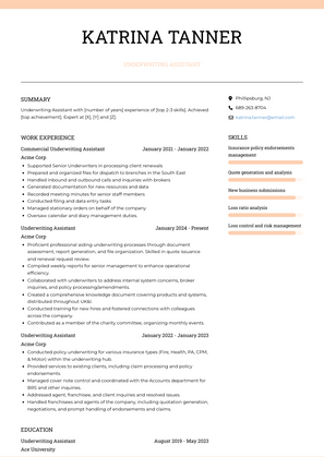 Underwriting Assistant Resume Sample and Template
