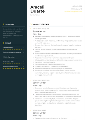 Service Writer Resume Sample and Template