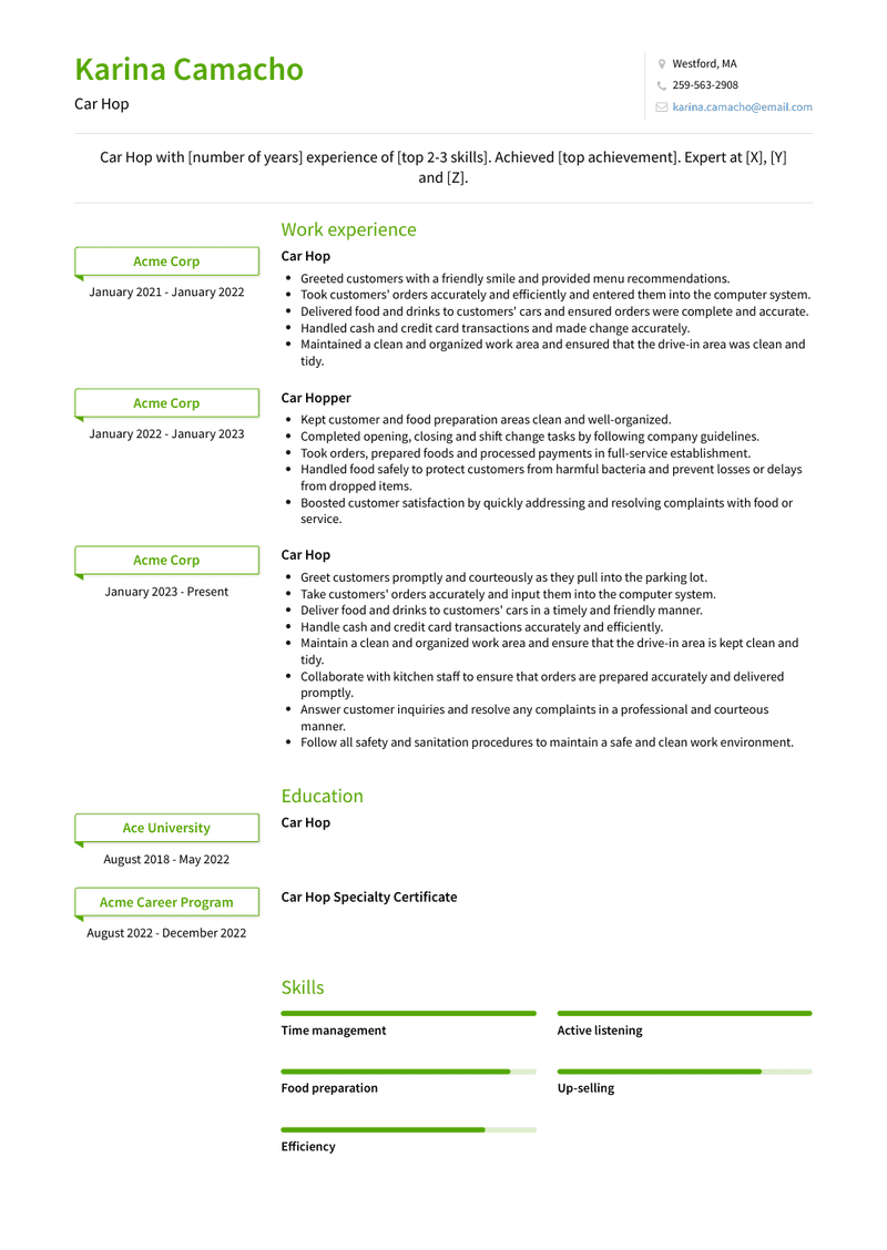 Car Hop Resume Sample and Template