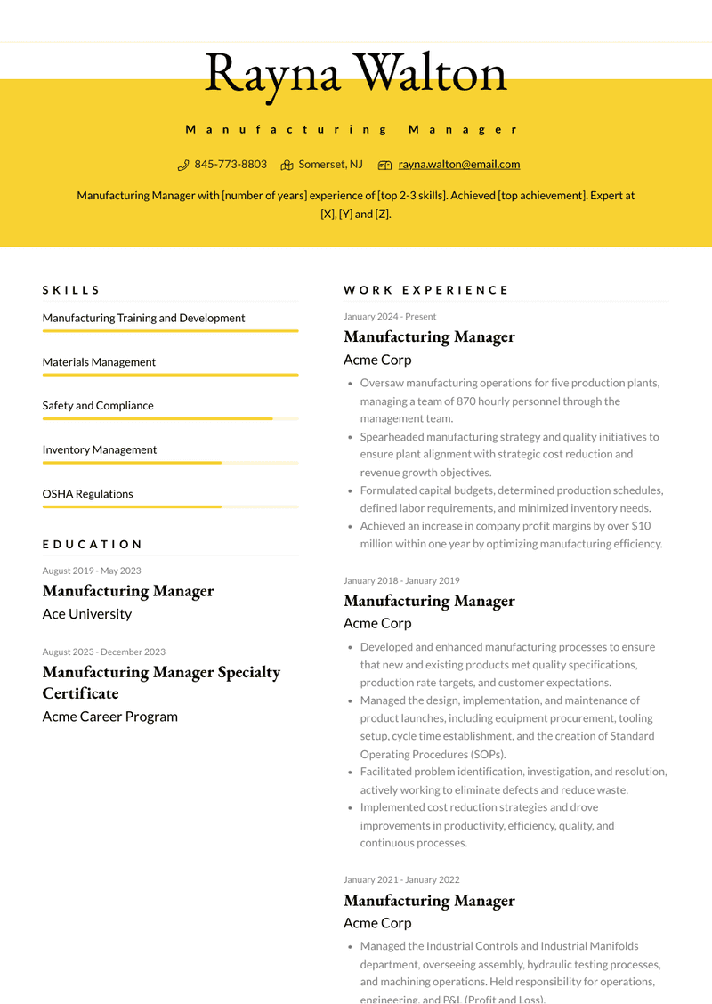 Manufacturing Manager Resume Sample and Template