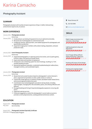 Photography Assistant Resume Sample and Template