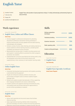 English Tutor Resume Sample and Template