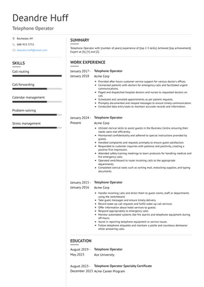 Telephone Operator Resume Sample and Template