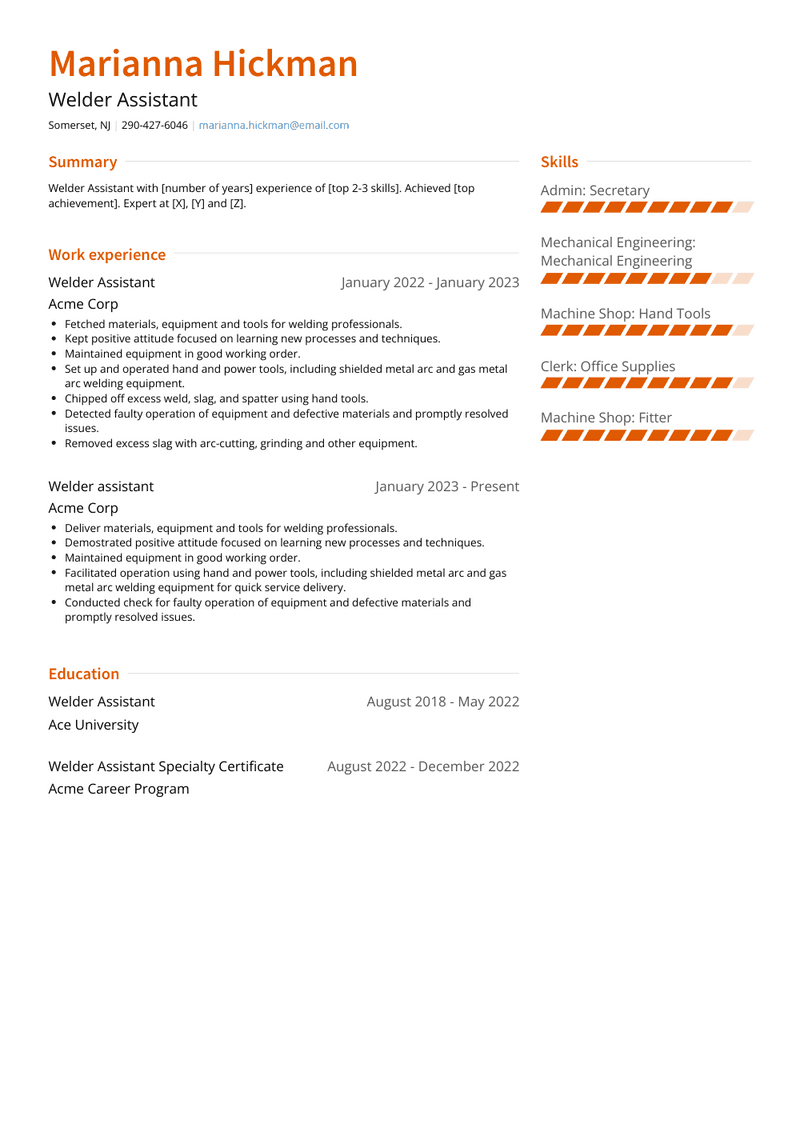 Welder Assistant Resume Sample and Template