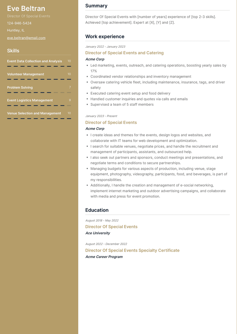 Director Of Special Events Resume Sample and Template