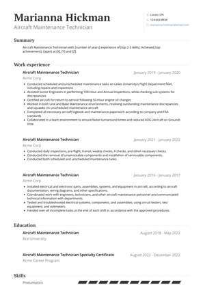 Aircraft Maintenance Technician Resume Sample and Template