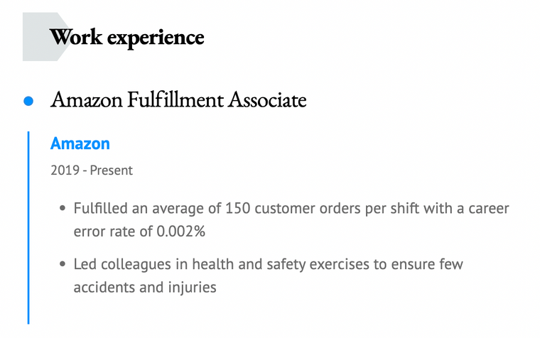 Amazon Fulfillment Associate Job Description for Resume Example One