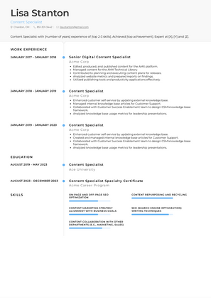 Content Specialist Resume Sample and Template