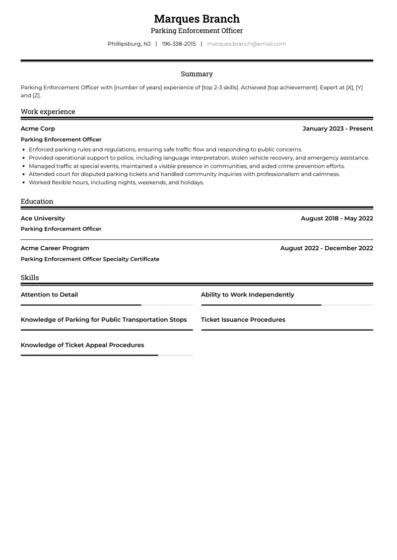 Parking Enforcement Officer Resume Sample and Template