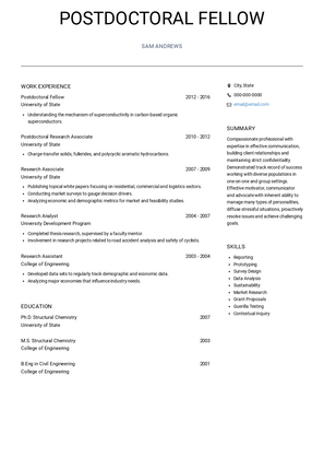Postdoctoral Fellow Resume Sample and Template