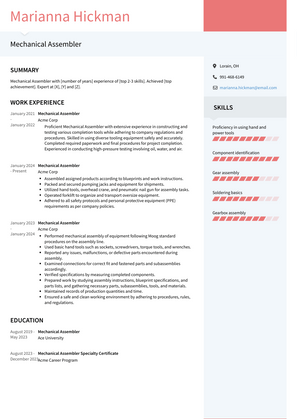 Mechanical Assembler Resume Sample and Template