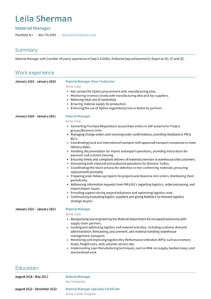 Material Manager Resume Sample and Template