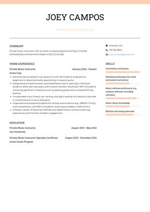 Private Music Instructor Resume Sample and Template