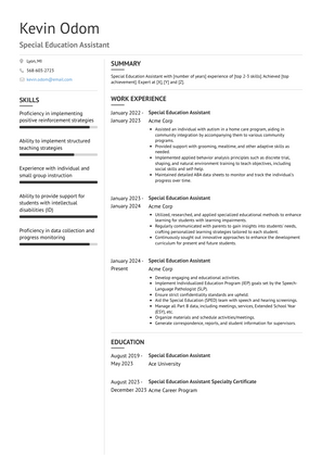 Special Education Assistant Resume Sample and Template