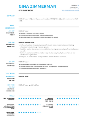 Fifth Grade Teacher Resume Sample and Template