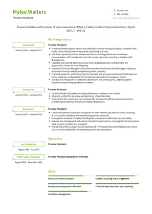 Finance Assistant Resume Sample and Template