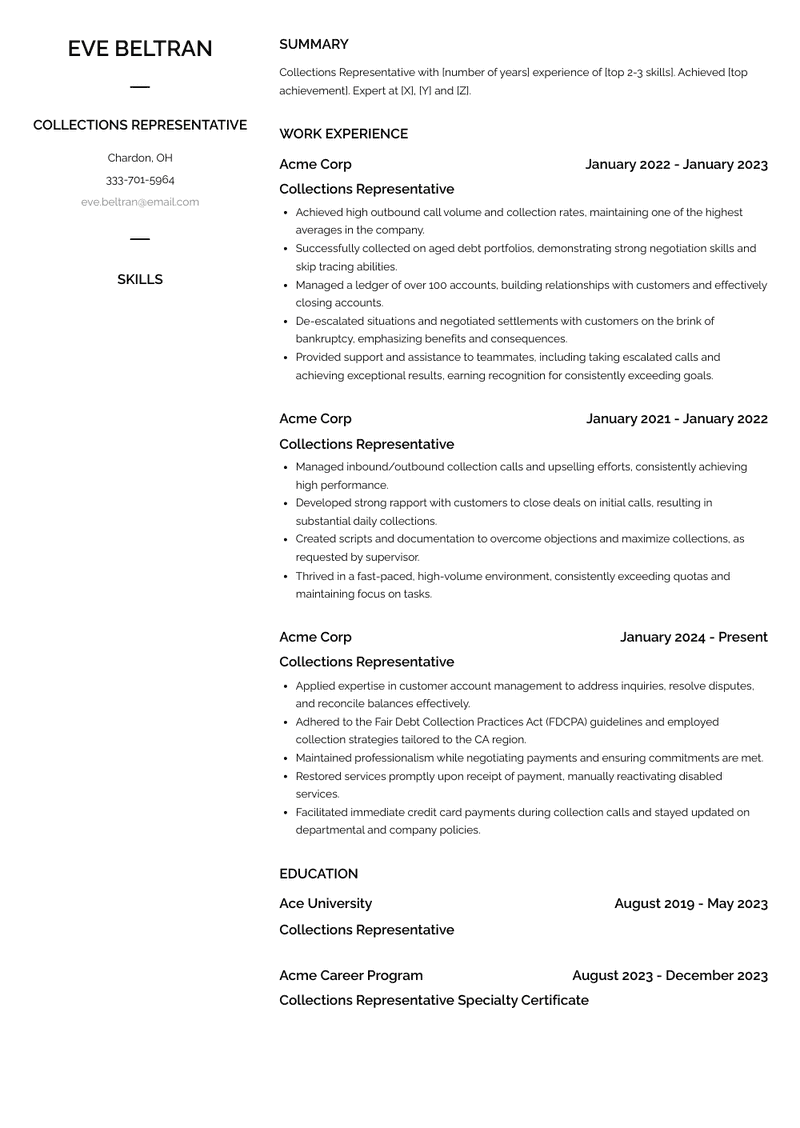 Collections Representative Resume Sample and Template