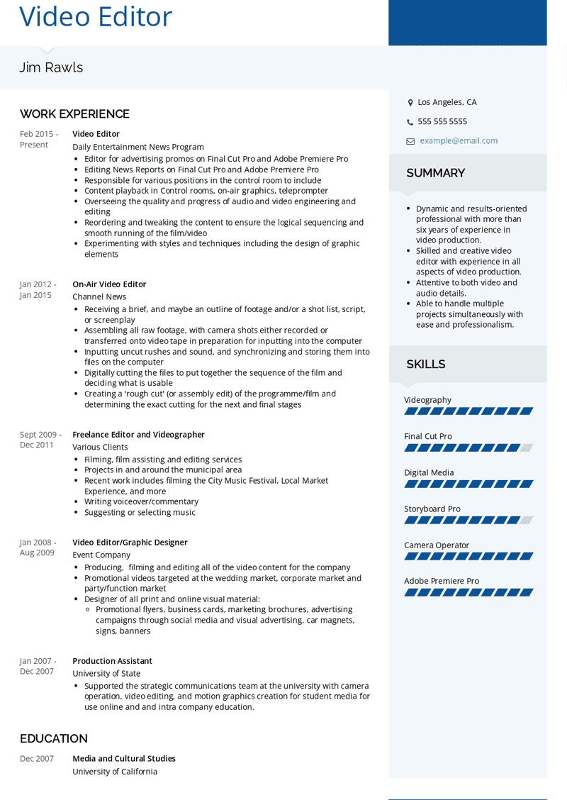 Video Editor Resume Sample and Template