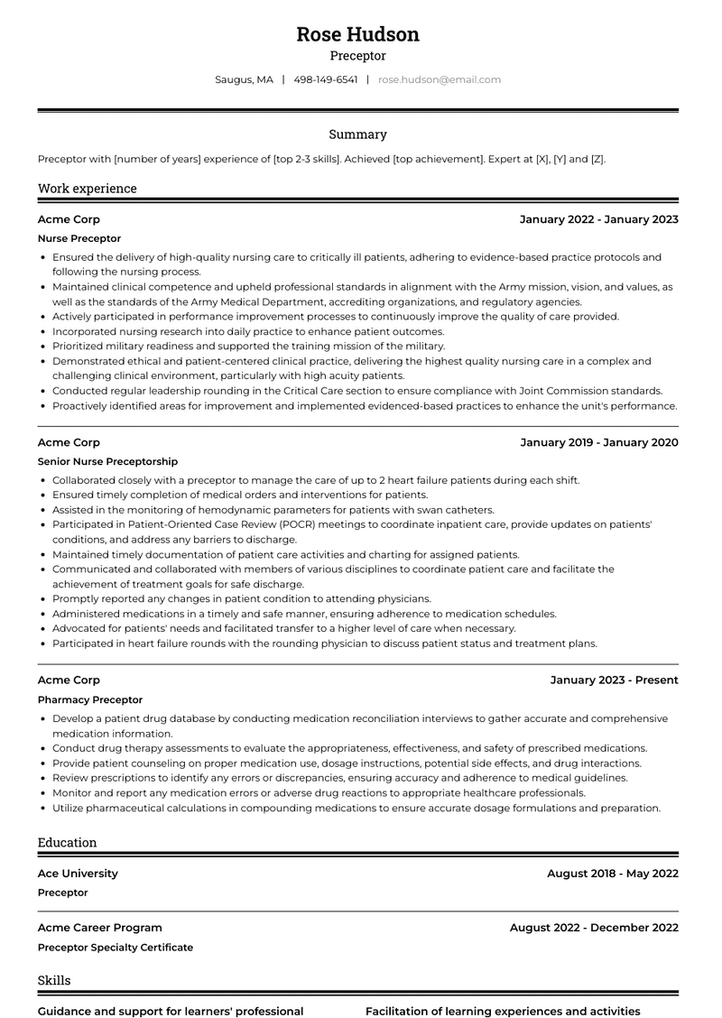 Preceptor Resume Sample and Template