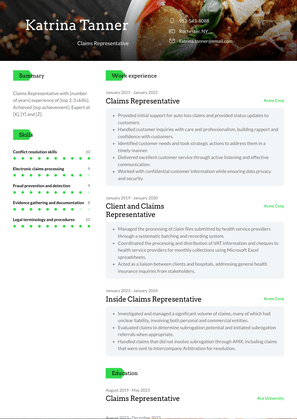 Claims Representative Resume Sample and Template