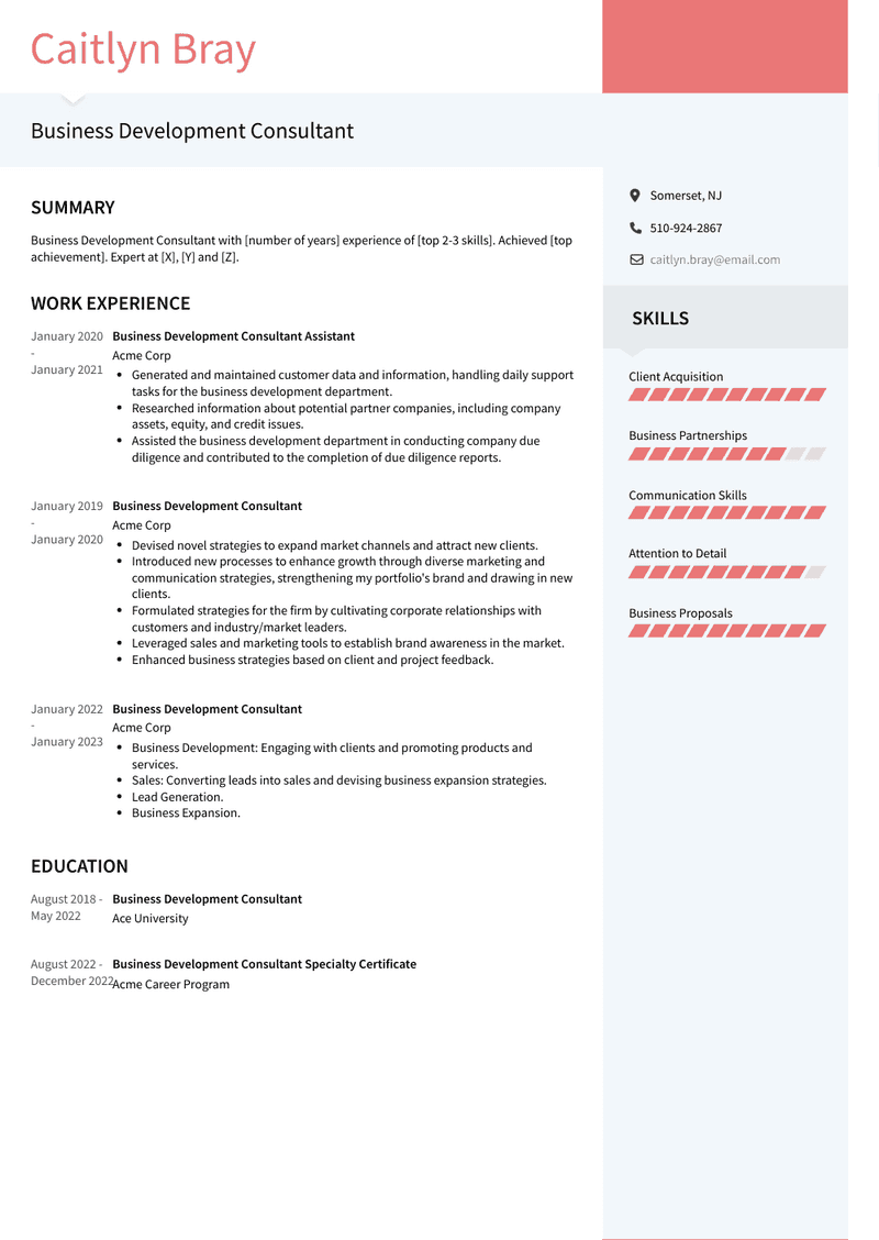 Business Development Consultant Resume Sample and Template