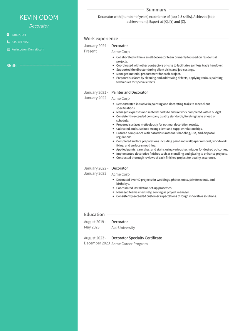 Decorator Resume Sample and Template