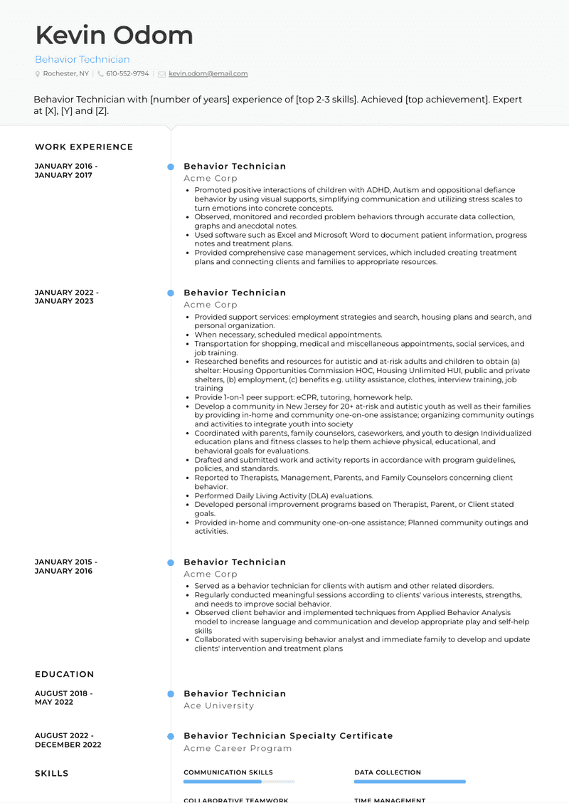 Behavior Technician Resume Sample and Template