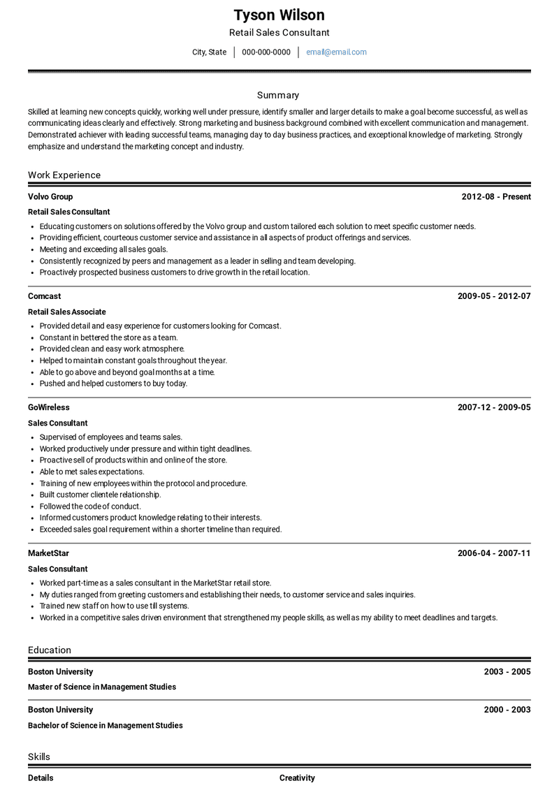 Retail Sales Consultant Resume Sample and Template