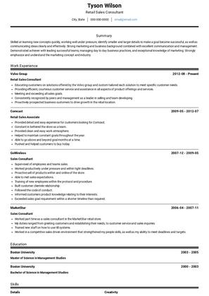 Retail Sales Consultant Resume Sample and Template