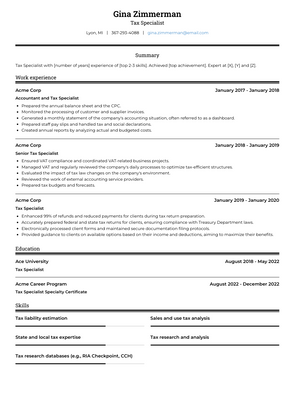 Tax Specialist Resume Sample and Template