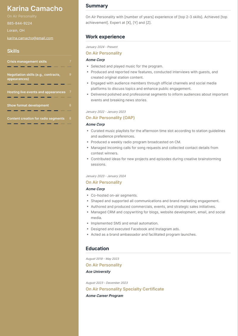 On Air Personality Resume Sample and Template