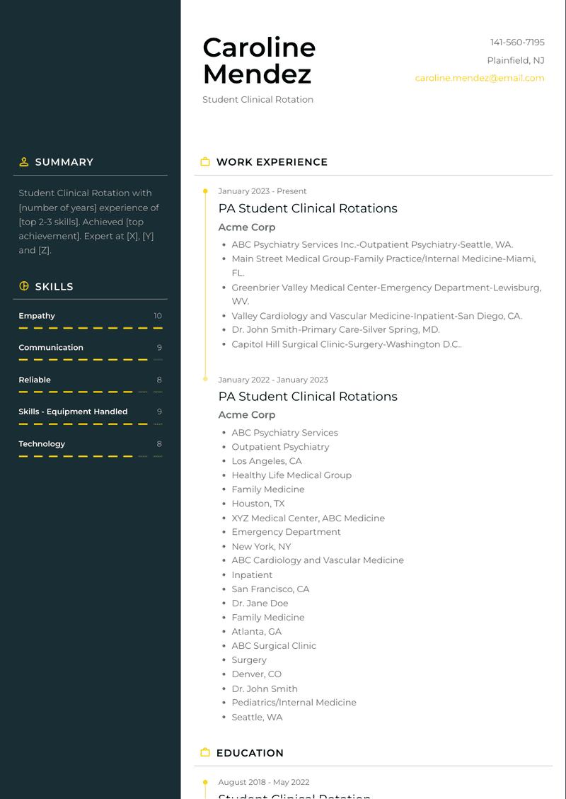 Student Clinical Rotation Resume Sample and Template