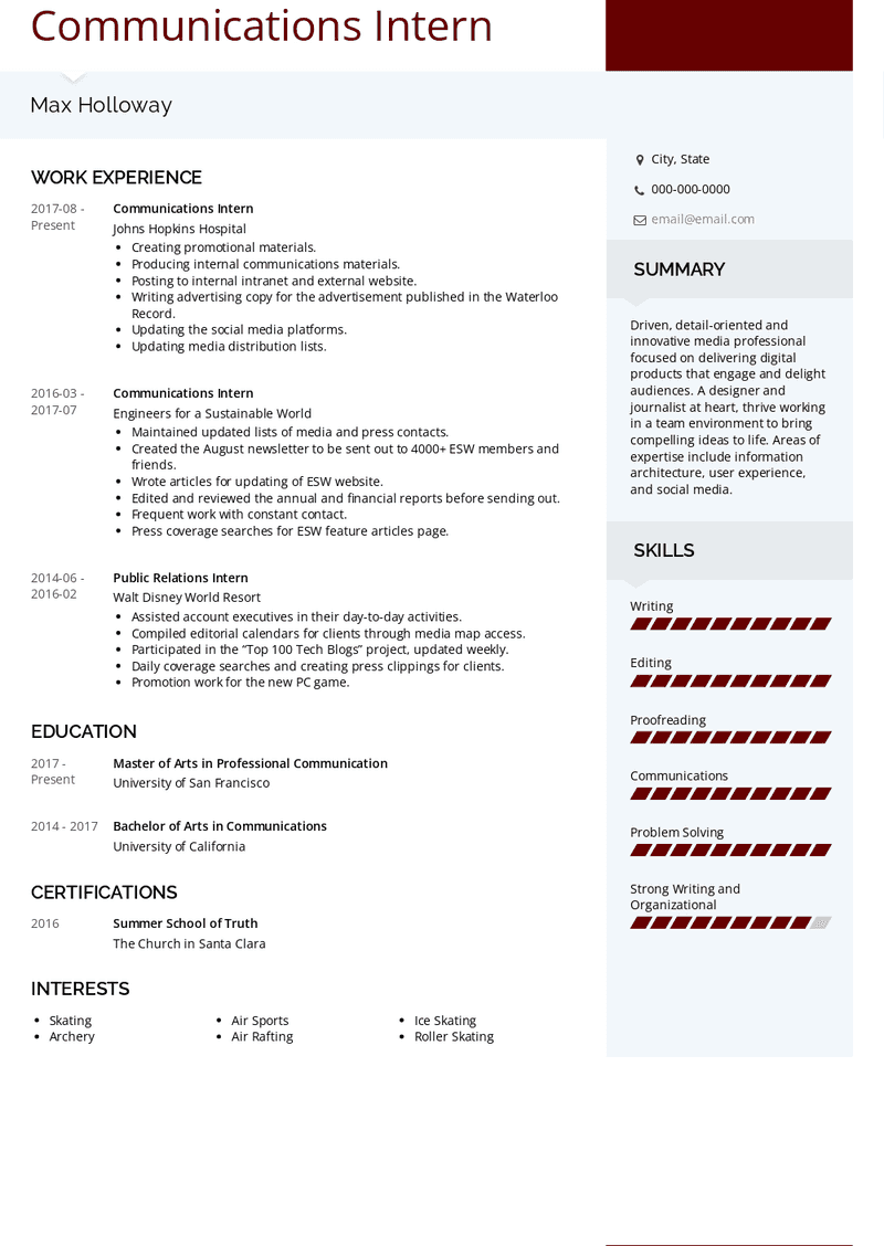 Communications Intern Resume Sample and Template