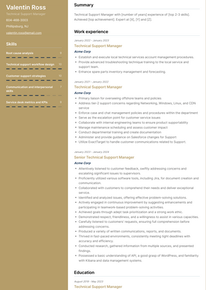 Technical Support Manager Resume Sample and Template