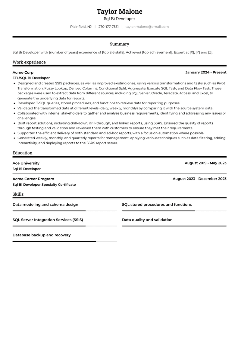 Sql Bi Developer Resume Sample and Template