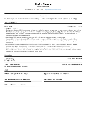 Sql Bi Developer Resume Sample and Template