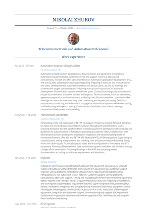 Automation Engineer (Design/Sales) Resume Sample and Template