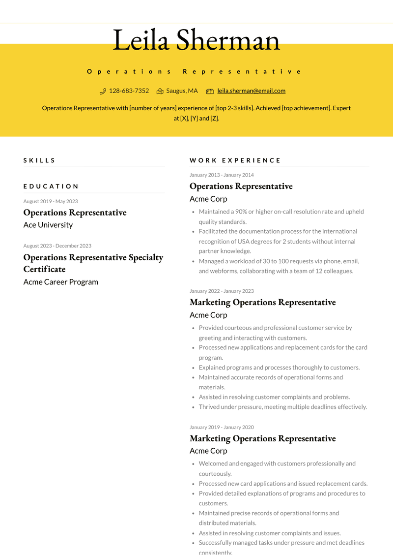 Operations Representative Resume Sample and Template