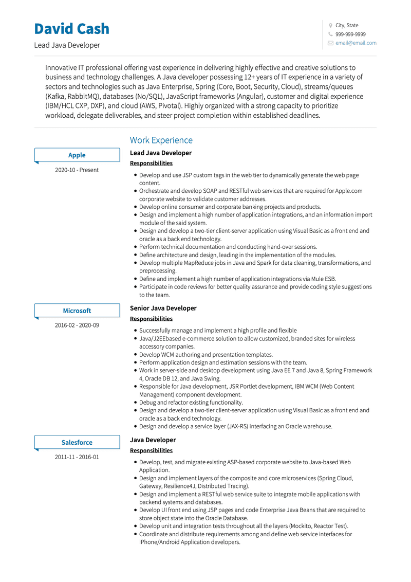 Java Developer CV Example and Template