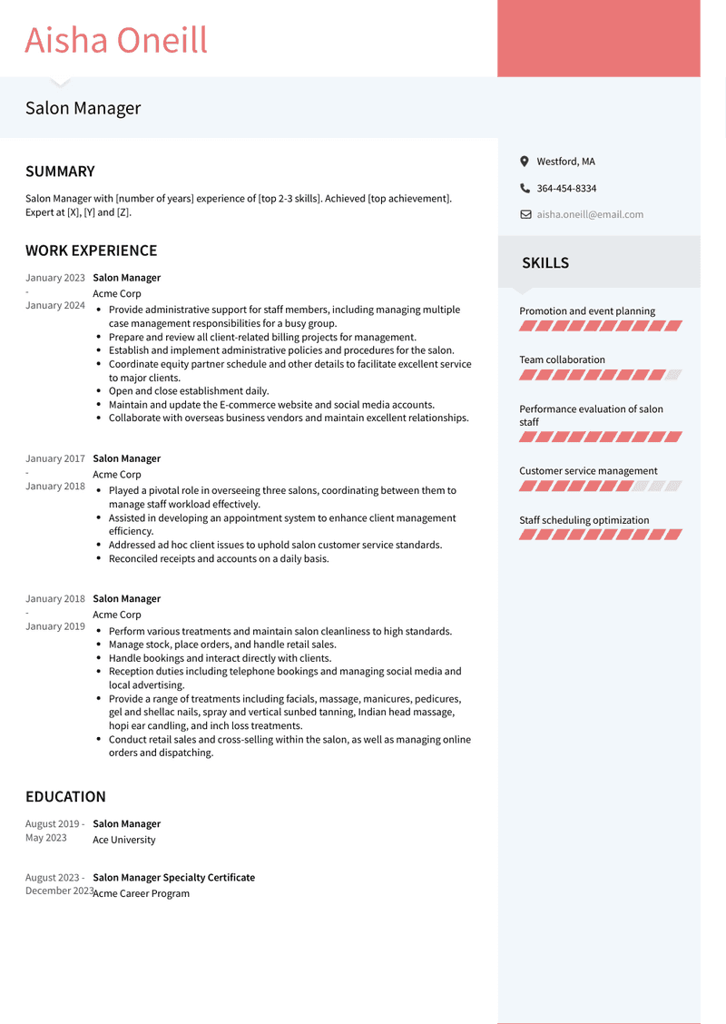 Salon Manager Resume Sample and Template