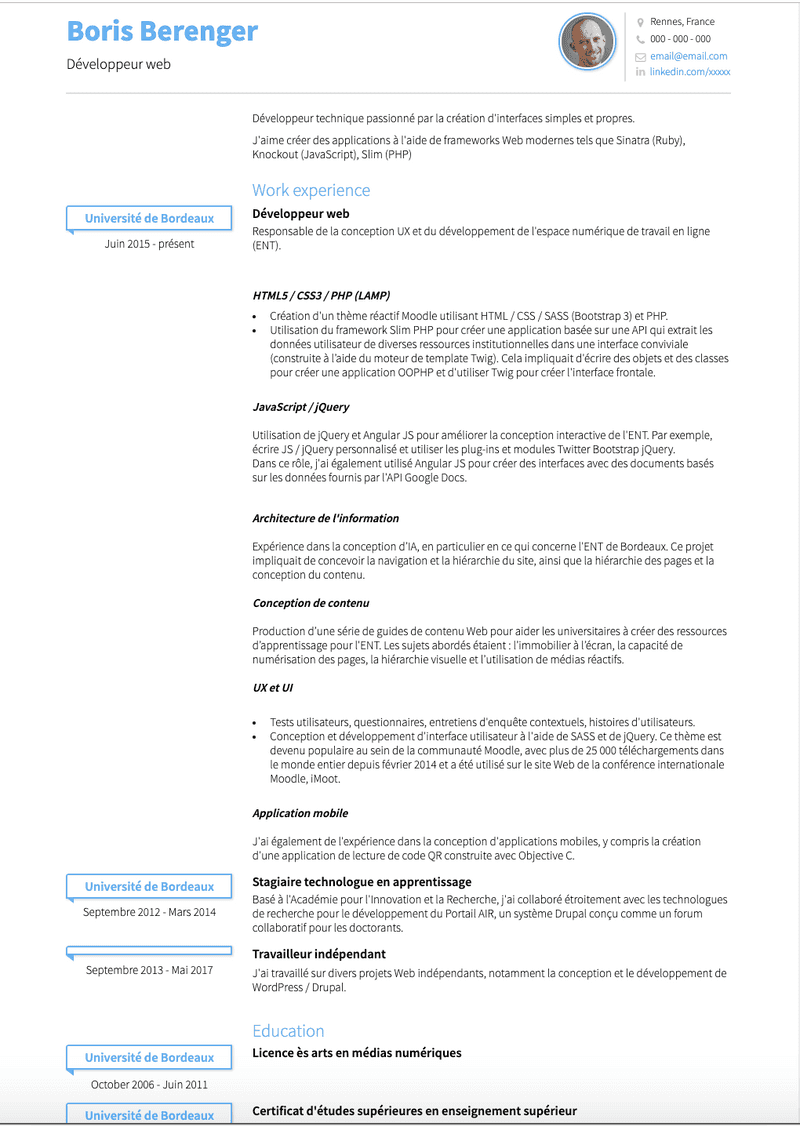 Exemple et modèle de CV Développeur web