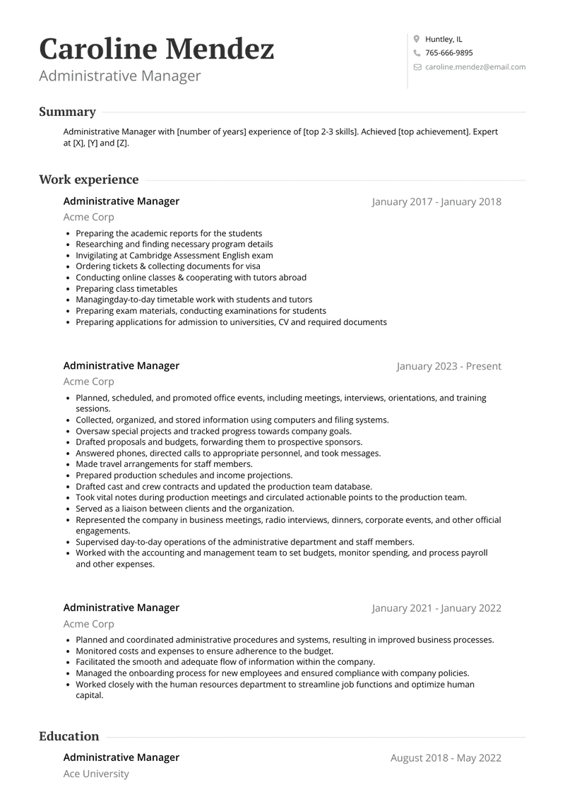 Administrative Manager Resume Sample and Template
