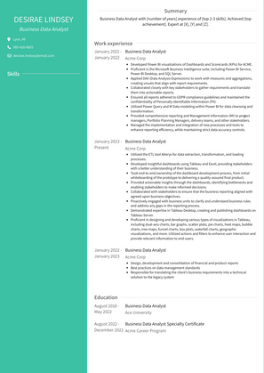 Business Data Analyst Resume Sample and Template