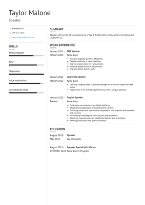 Speaker Resume Sample and Template