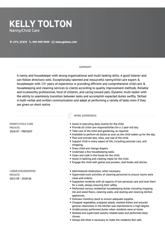 Caregiver Resume Summary Example