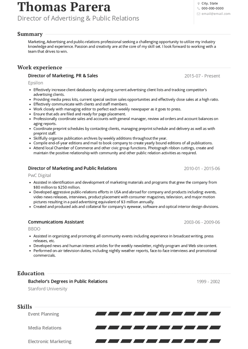 public relations resume samples and templates  visualcv