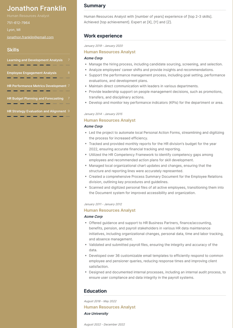 Human Resources Analyst Resume Sample and Template